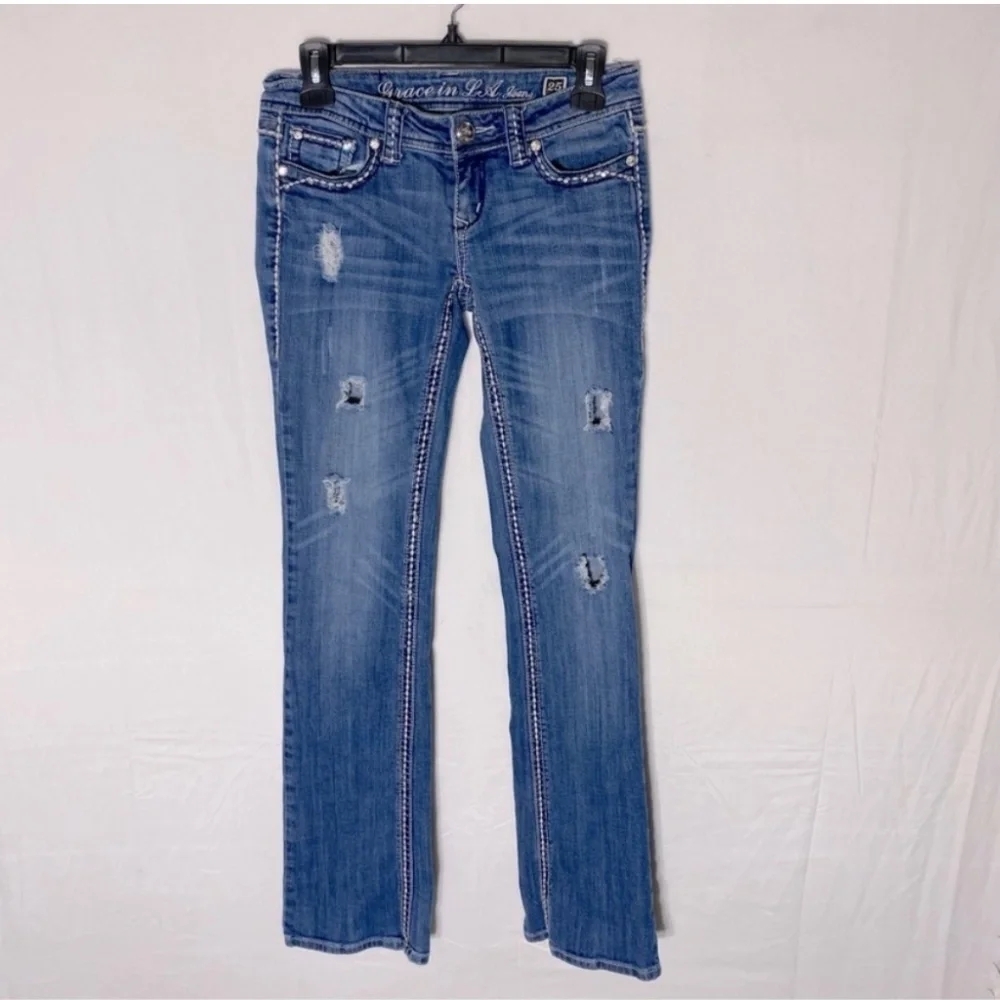 Vintage Y2K Grace In L.A. Distressed Low Rise Straight Leg Embroidered Jeans 25